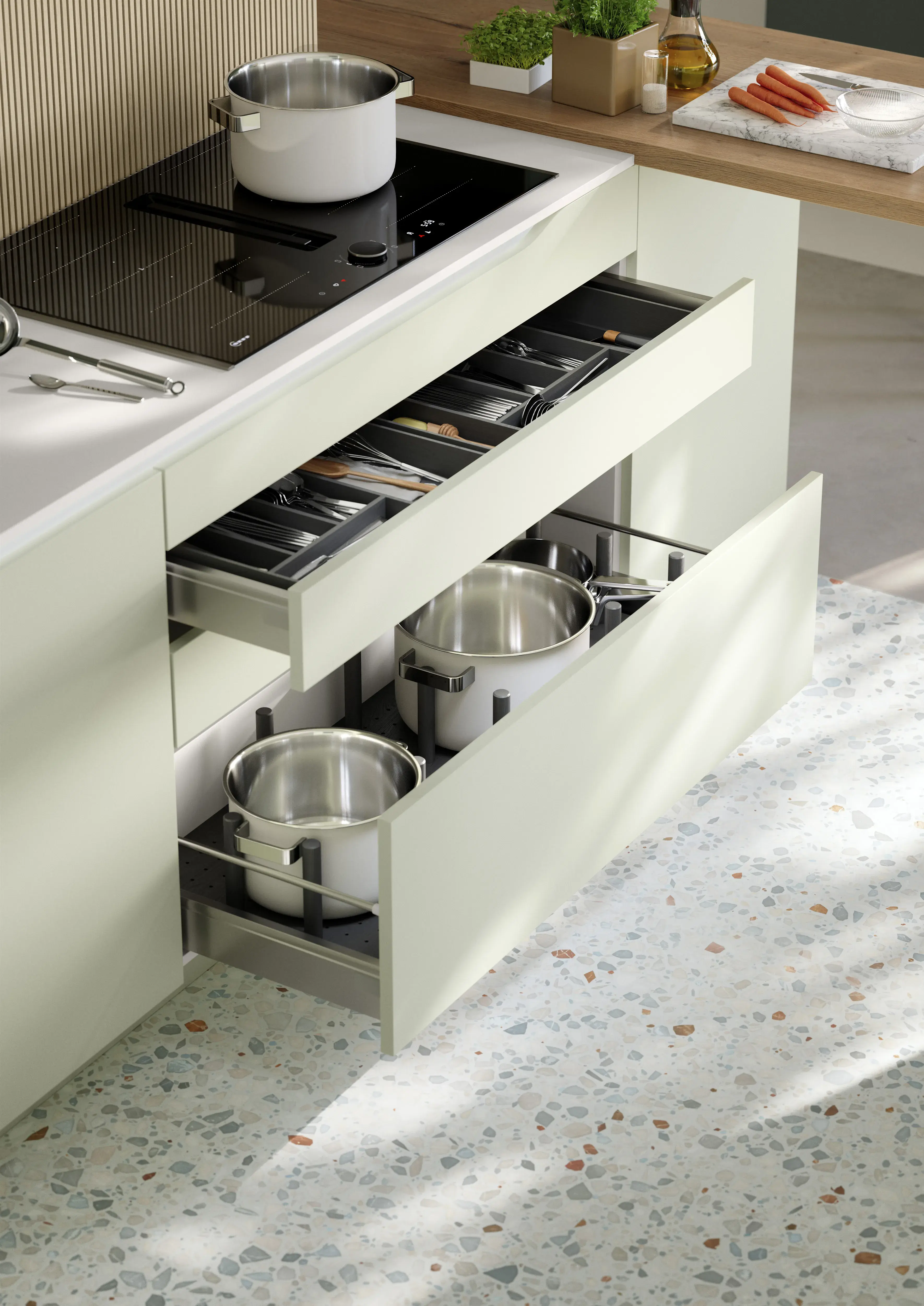 NOBILIA Jadegrün mit Neff Kochfeld - Fokus auf Schubladenelemente